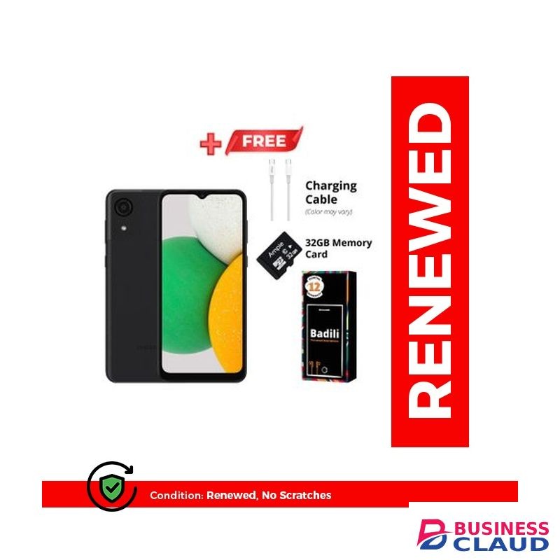 Refurbished Samsung Galaxy A03 Core Android phone 32GB + 2GB RAM – Dual SIM Android 11 Go Smartphone, 6.5" HD+ Display, 5000mAh Battery – with Charger, Case, SD Card – Affordable Budget Phone Kenya, Black.