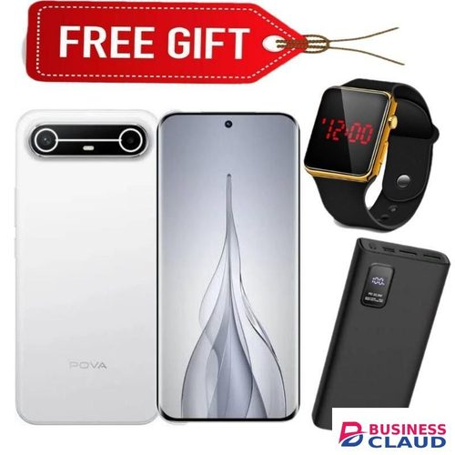 Tecno Spark SLIM, 5.93mm 144Hz & 1.5K, 256GB ROM + 8GB RAM, 5160mAh Battery, 45W Fast Charge - White + LED Watch & Power Bank