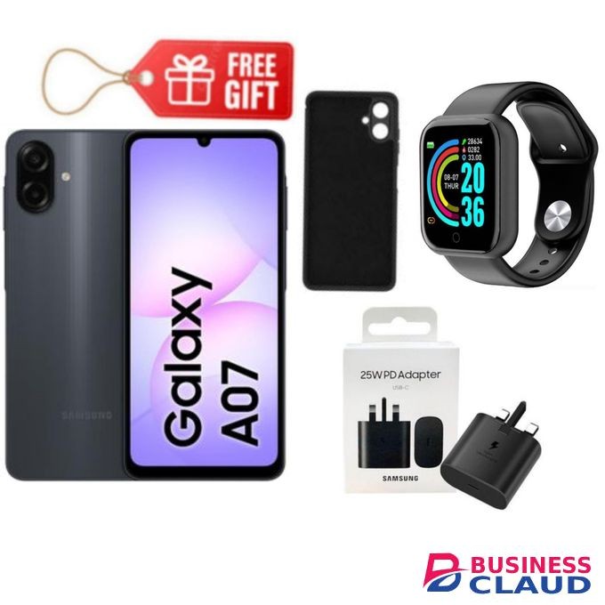 Samsung Galaxy A07, 6.7" Display, 4GB RAM + 64GB RM (Dual SIM), 5000mAh, Black + Smart Watch, Phone Cover & Adapter