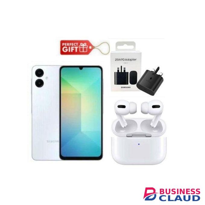 Samsung Galaxy A06, 6.7", 64GB ROM + 4GB RAM (Dual SIM), 5000mAh,Light Blue + Airpods & Travel Adapter