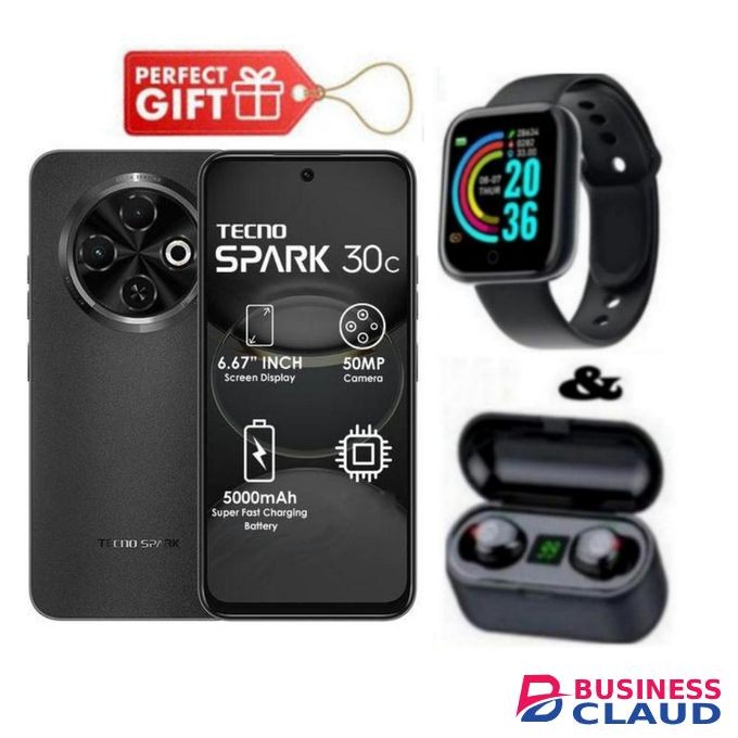 Tecno Spark 30c, 6.67'' HD+, Up to 8GB RAM + 128GB ROM (Dual Sim) 50MP, 5000 mAh - Orbit Black + Free Gifts
