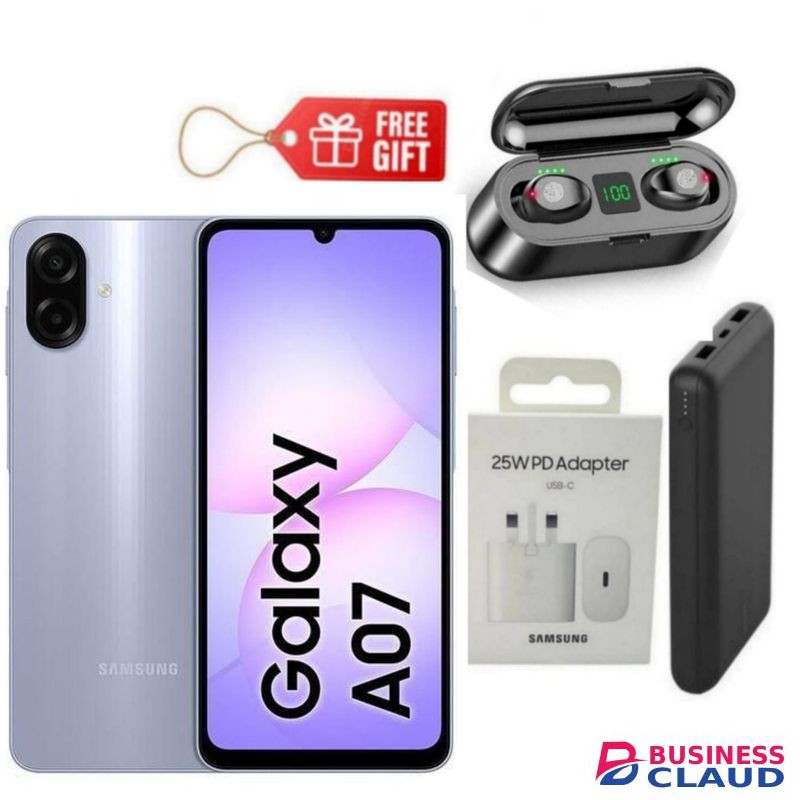 Samsung Galaxy A07, 6.7", 8GB RAM + 256GB RM (Dual SIM), 5000mAh, Light Violet + F9 Earbuds , Power Bank & Travel Adapter