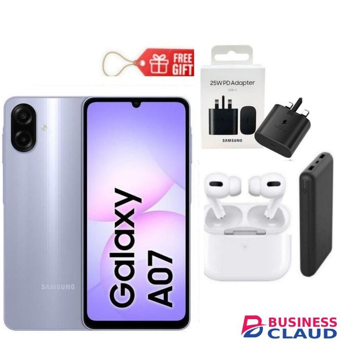 Samsung Galaxy A07, 6.7", 8GB RAM + 256GB RM (Dual SIM), 5000mAh, Light Violet + Airpods , Power Bank & Travel Adapter