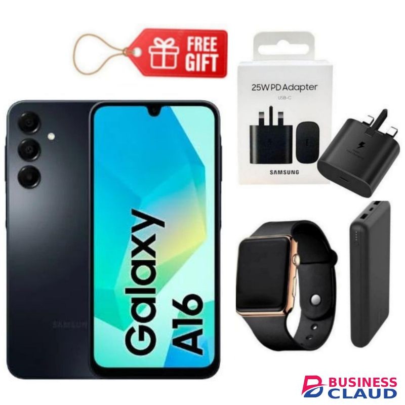 Samsung Galaxy A16, 6.7", 128GB ROM + 4GB RAM (Dual SIM), 5000mAh, Black + Travel Adapter, Power Bank & Led Watch