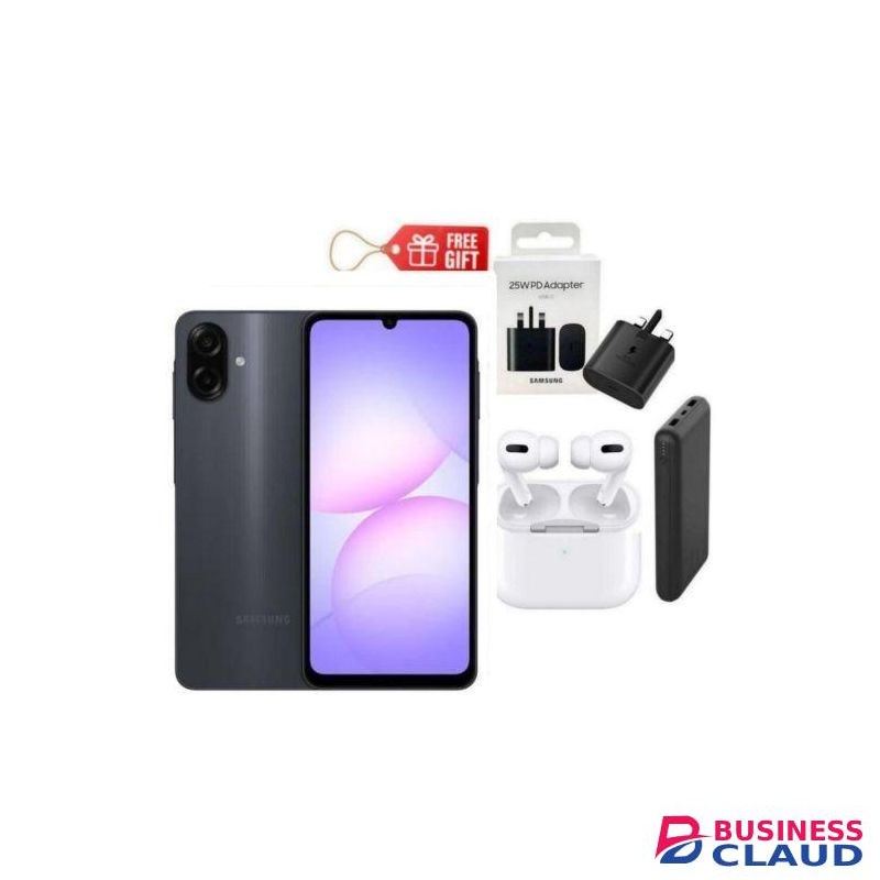 Samsung Galaxy A07, 6.7", 128GB + 6GB RAM (Dual SIM), 5000mAh, Black + Travel Adapter , Airpods & Power Bank,,
