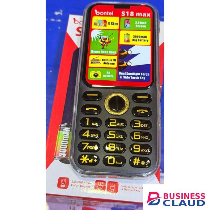 Bontel S18 Max – 4 SIM, 3000mAh Big Battery, Dual Torch, 2.8” Display Keypad Phone - Black