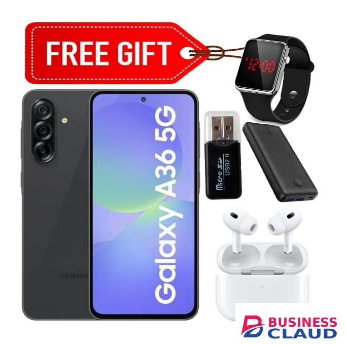 Samsung Galaxy A36 5G, 6.6", 256GB + 8GB RAM (Dual SIM), 50MP, 5000mAh - Black + Free Power bank, Earpods, LED Watch & Card reader