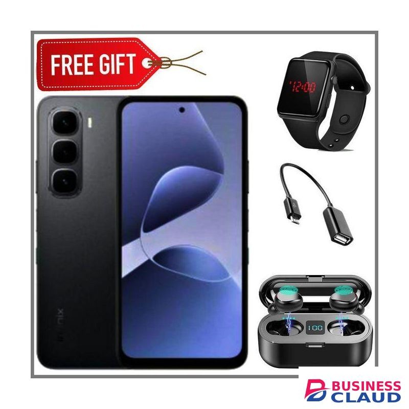 Infinix Hot 60i 4G" 6.7-inch, 4GB RAM + 128GB ROM, 50MP Camera, Battery: 5160mAh, 45W Fastcharge - Black+ otg cable,Earbuds & Led watch.