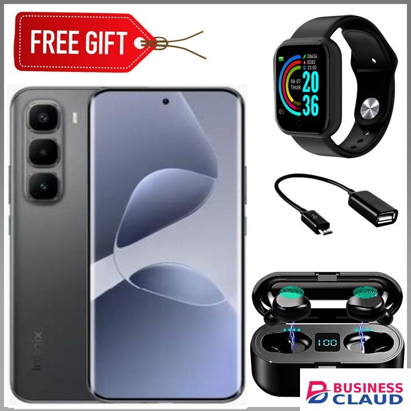 Infinix HOT 60 Pro Plus 6.78'' Inches, AMOLED (Curved Screen) 8GB RAM & 128GB ROM, 5160mAh Battery - Black + Smart watch + Otg & Earbuds