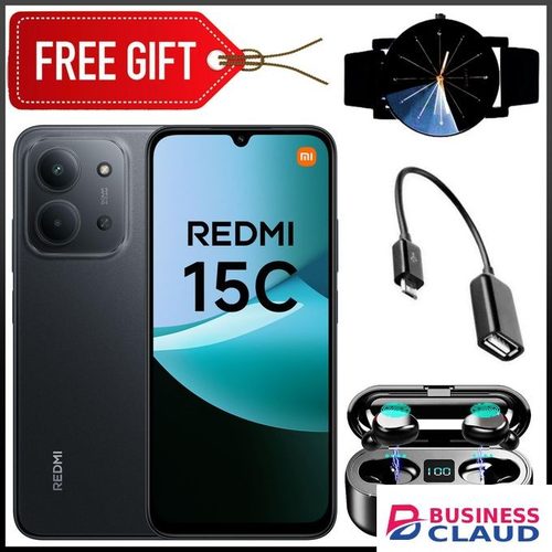 XIAOMI Redmi 15C, 6.9'',up to 16GB Extended RAM+ 256GB Storage, Battery: 6000 mAh,1 YEAR WARRANTY - Black + Web watch +otg +Earbuds