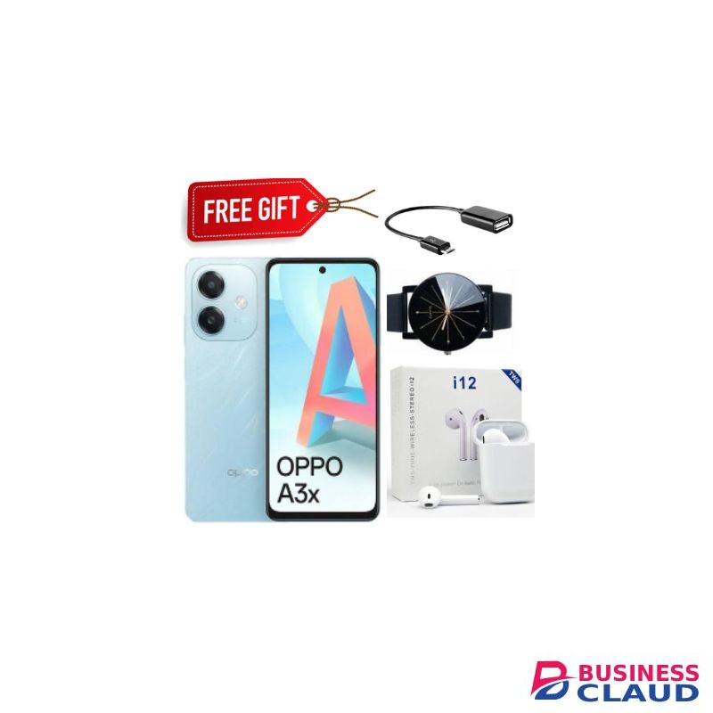 Oppo A3x 6.67 inches, 64GB ROM + 4GB RAM, Battery: 5100mAh (Dual SIM) 50MP - Blue + Smart Watch & Earpods& OTG cable