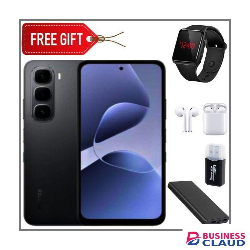 Infinix Hot 60i 4G" 6.7-inch, 4GB RAM + 128GB ROM, 50MP Camera, Battery: 5160mAh, 45W Fastcharge - Sleek Black + LED Watch, Ear pods, card reader & Power bank