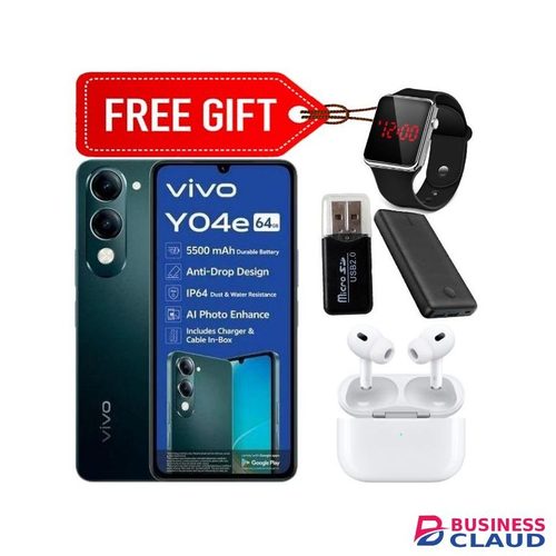 Vivo Y04e 4G, 6.74", 64GB RAM + 4GB Storage (Dual SIM), 5500mAh Battery, IP64 Dust and Water Resistance - Green + LED Watch + Earpods, Card Reader & Power bank