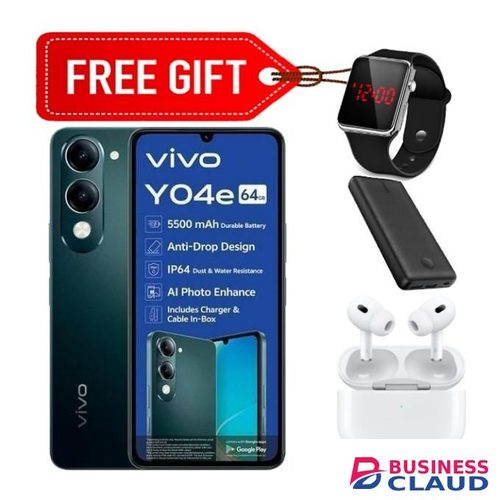 Vivo Y04e 4G, 6.74", 64GB RAM + 4GB Storage (Dual SIM), 5500mAh Battery, IP64 Dust and Water Resistance - Green + LED Watch + Earpods & Power bank