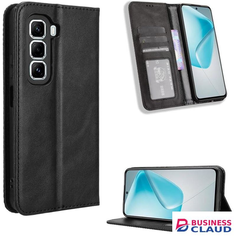 Infinix Hot 60 Phone Case, Wallet-Style Black Retro Leather Flip Cover with All-Round Protection