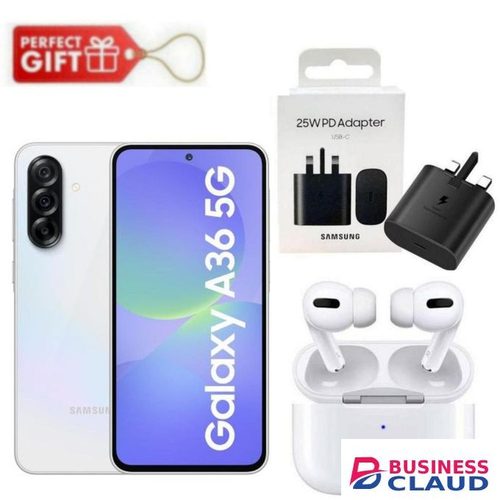 Samsung Galaxy A36 5G, Display 6.7", Storage 256GB + 8GB RAM (Dual SIM) 4G, 50MP, 5000mAh- White+ Adapter & Air Pods