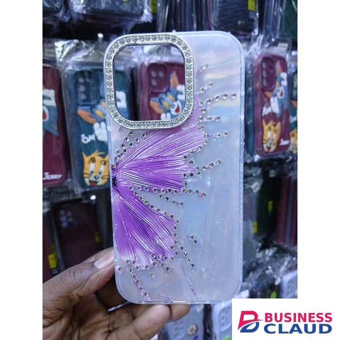 Luxury Marble Butterfly Rhinestone Glitter Case for iPhone 14 – Modern Executive Clear Silicone Protective Cover – Purple Edition