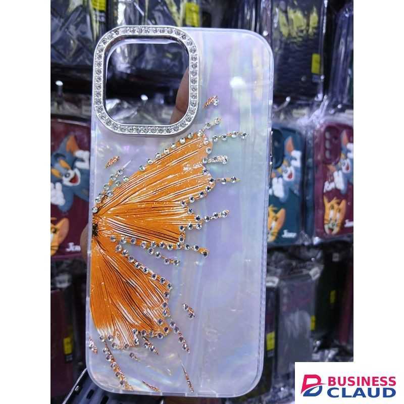 Luxury Marble Butterfly Rhinestone Glitter Case for iPhone 14 – Modern Executive Clear Silicone Protective Cover – Orange Edition