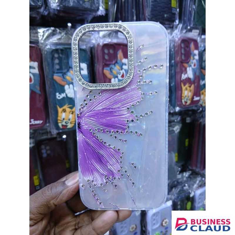 Luxury Marble Butterfly Rhinestone Glitter Case for iPhone 11 Pro – Modern Executive Clear Silicone Protective Cover – Purple Edition