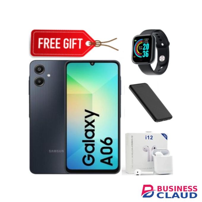Samsung A06, 6.7'' Display, 4GB RAM + 128GB ROM (Dual Sim) 50MP Camera, 5000mAh - Black +Smartwatch+powerbank+earpods