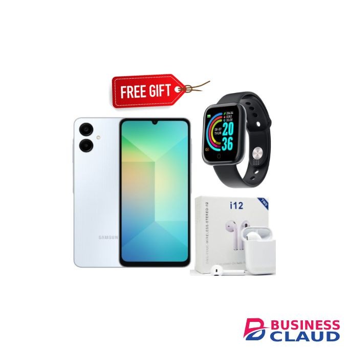 Samsung A06, 6.7'' Display, 4GB RAM + 128GB ROM (Dual Sim) 50MP Camera, 5000mAh - Light blue + Smart watch+Pods