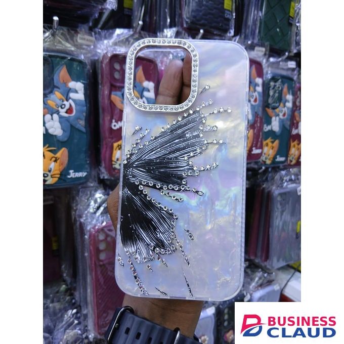Luxury Marble Butterfly Rhinestone Glitter Case for iPhone 16 Pro Max – Modern Executive Clear Silicone Protective Cover – Black Edition