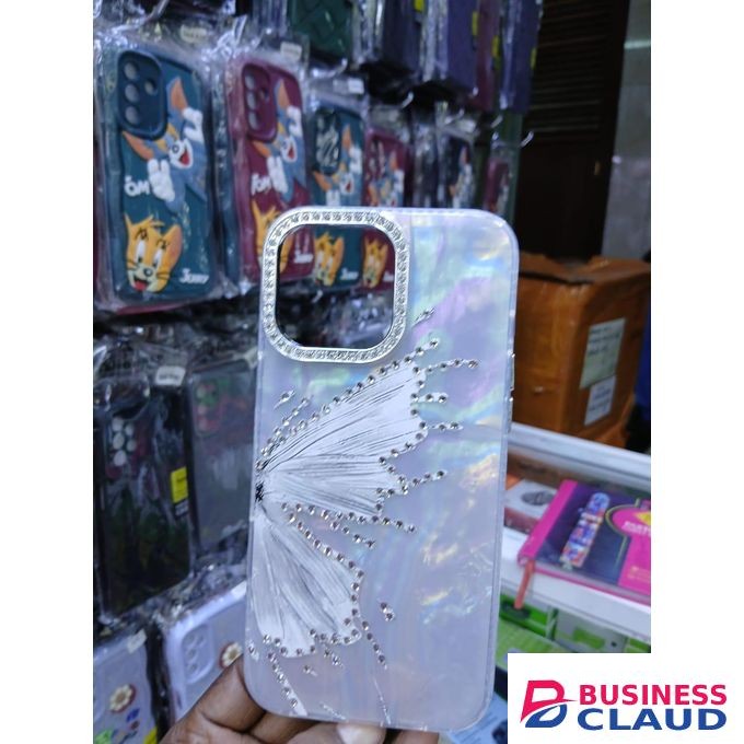 Luxury Marble Butterfly Rhinestone Glitter Case for iPhone 15 Pro Max – Modern Executive Clear Silicone Protective Cover – White Edition