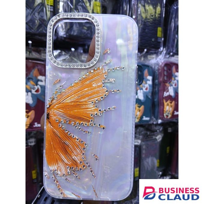 Luxury Marble Butterfly Rhinestone Glitter Case for iPhone 12 Pro Max – Modern Executive Clear Silicone Protective Cover – Orange Edition