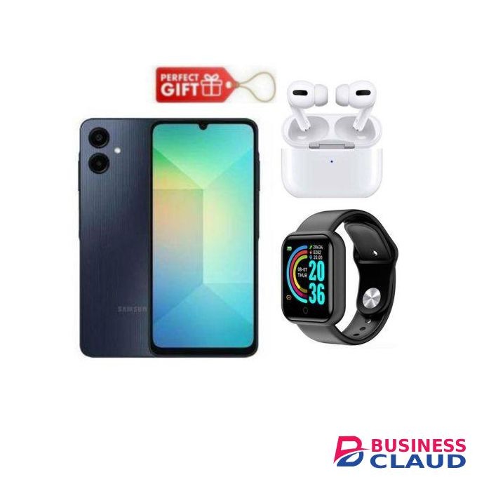 Samsung Galaxy A06, 6.7", 4GB RAM + 64GB ROM (Dual SIM), 5000mAh, Black + Smart Watch & Airpods