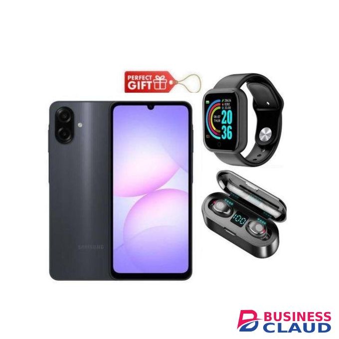 Samsung Galaxy A07, 6.7" Display, 4GB RAM + 64GB RM (Dual SIM), 5000mAh, Black + Smart Watch & F9 Earbuds,,