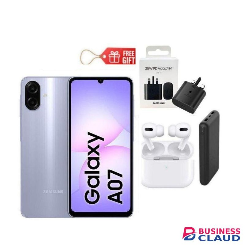 Samsung Galaxy A07, 6.7", 4GB RAM + 64GB RM (Dual SIM), 5000mAh, Light Violet + Travel Adapter , Airpods & Power Bank,,