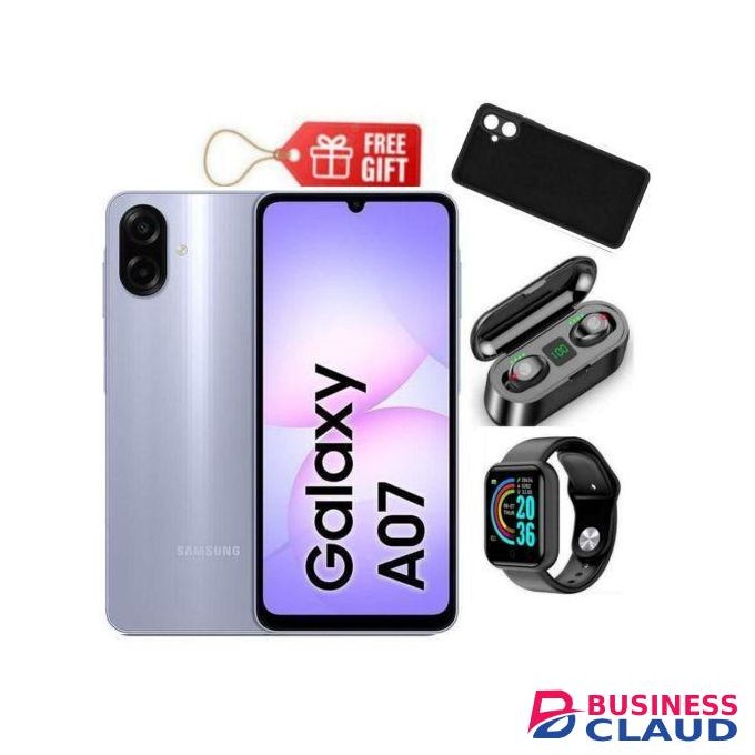 Samsung Galaxy A07, 6.7", 4GB RAM + 64GB RM (Dual SIM), 5000mAh, Light Violet + Smart Watch ,Phone Cover & F9 Earbuds