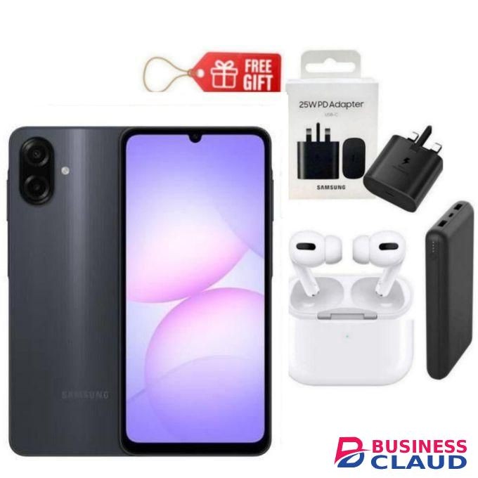 Samsung Galaxy A07, 6.7" Display, 4GB RAM + 64GB RM (Dual SIM), 5000mAh, Black + Travel Adapter, Power Bank & Airpods,,