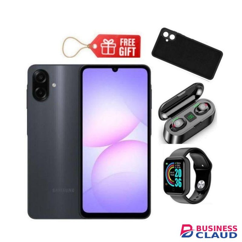 Samsung Galaxy A07, 6.7" Display, 4GB RAM + 64GB RM (Dual SIM), 5000mAh, Black + Smart Watch, Phone Cover & F9 Earbuds,,