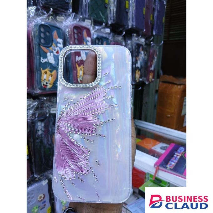 Luxury Marble Butterfly Rhinestone Glitter Case for iPhone 15 Pro Max – Modern Executive Clear Silicone Protective Cover – Purplish Edition