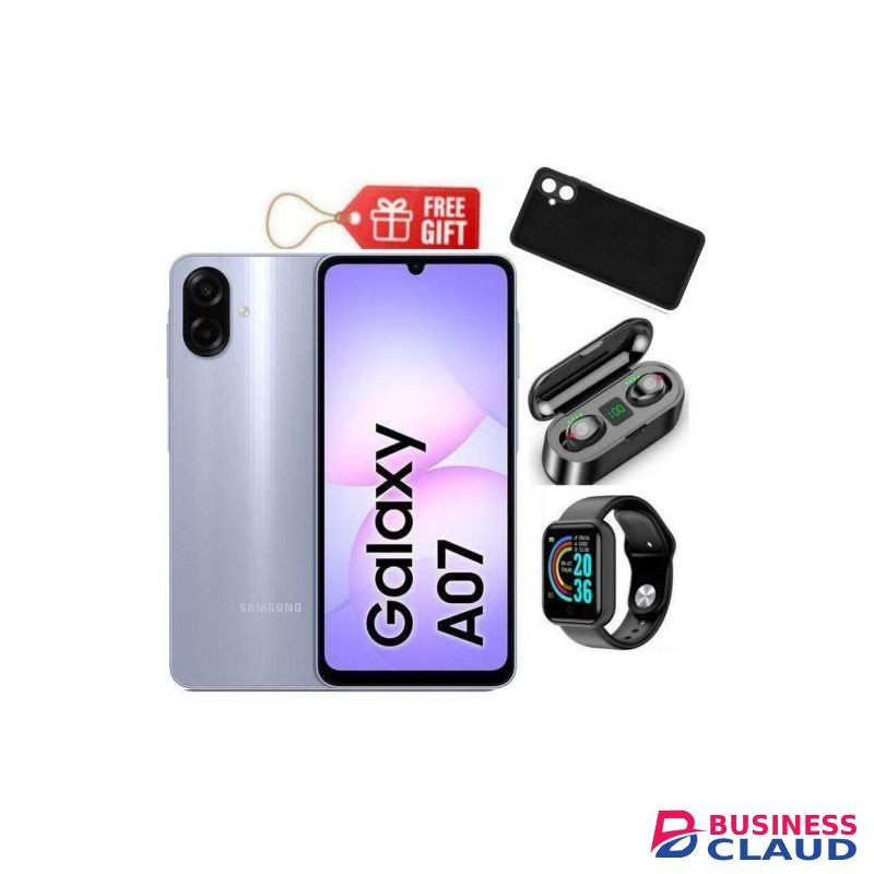 Samsung Galaxy A07, 6.7", 128GB + 6GB RAM (Dual SIM), 5000mAh, Light violet + Smart Watch , Phone Cover & F9 Earbuds,,