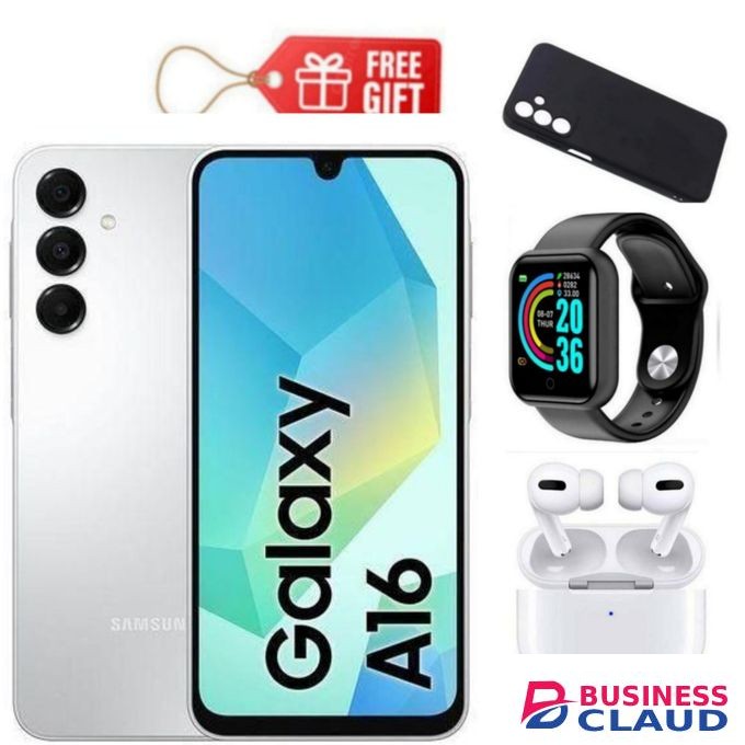 Samsung Galaxy A16, 6.7", 128GB ROM + 4GB RAM (Dual SIM), 5000mAh, Light Grey + Airpods , Phone Cover & Smart Watch