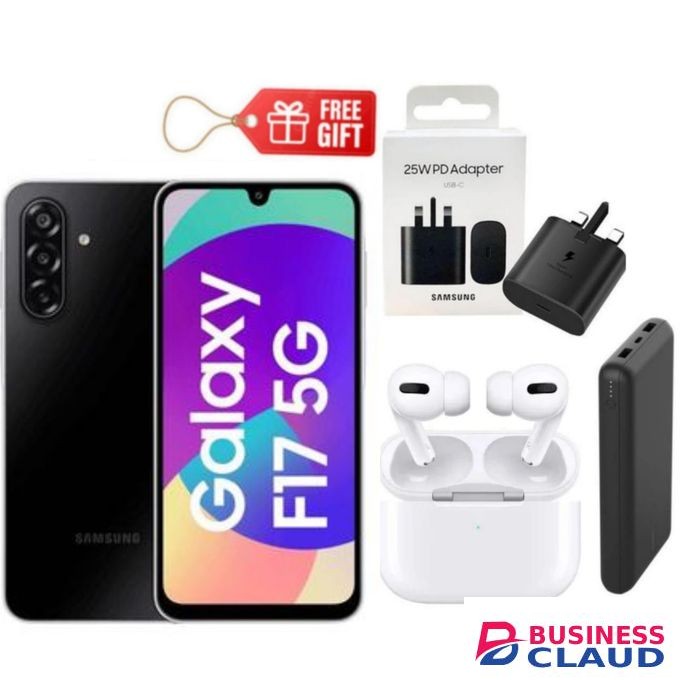 Samsung Galaxy F17 5G, 6.7", 128GB ROM + 4GB RAM (Dual SIM), 5000mAh, Black + Charging Adapter , Power Bank & Airpods
