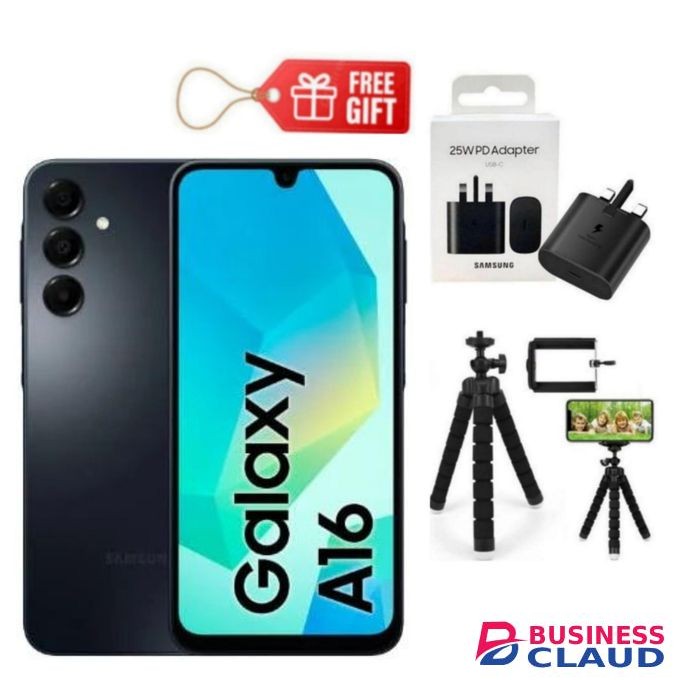 Samsung Galaxy A16, 6.7", 4GB RAM + 128GB (Dual SIM), 5000mAh, Black (2YRs WRTY) + Charging Adapter & Tripod Stand