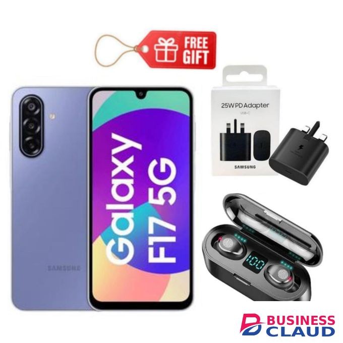 Samsung Galaxy F17 5G, 6.7", 128GB ROM + 4GB RAM (Dual SIM), 5000mAh, Violet + F9 Earbuds & Charging Adapter