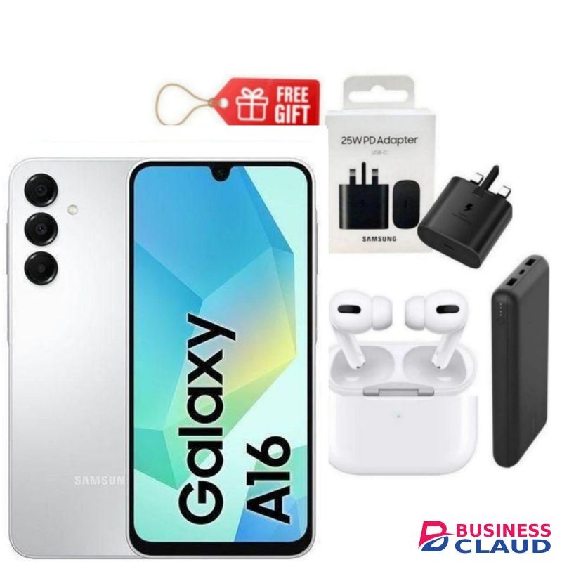 Samsung Galaxy A16, 6.7", 128GB ROM + 4GB RAM (Dual SIM), 5000mAh, Light Grey + Travel Adapter , Power Bank & Airpods
