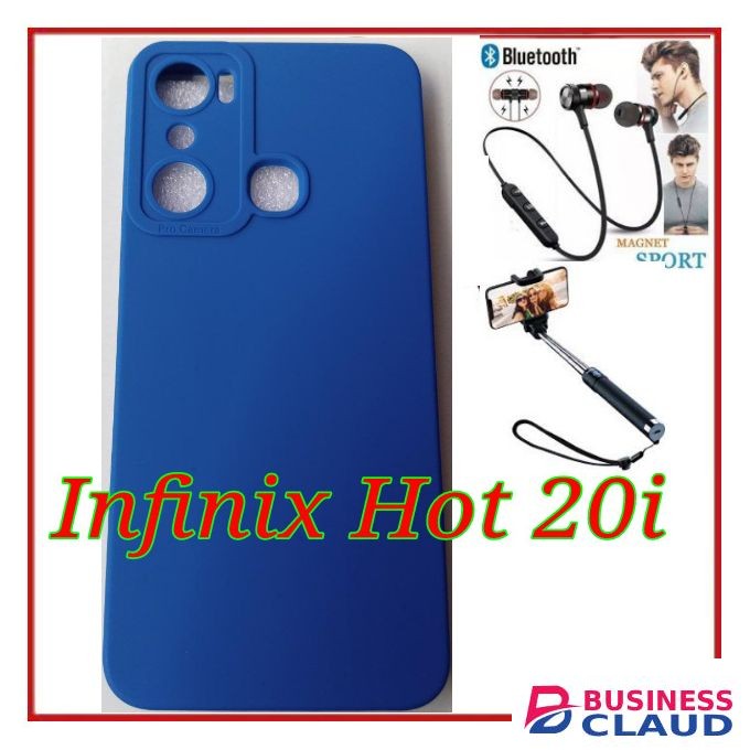 Back Cover Case For Infinix Hot 20i + BT Earphones+Selfie Stick