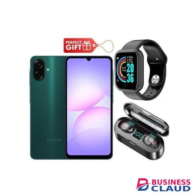 Samsung Galaxy A07, 6.7'' Display, 4GB RAM+ 64GB ROM (Dual) 50MP Camera, 5000mAh-2 yrs warranty , Dark Green + Smart Watch & F9 Earbuds,,