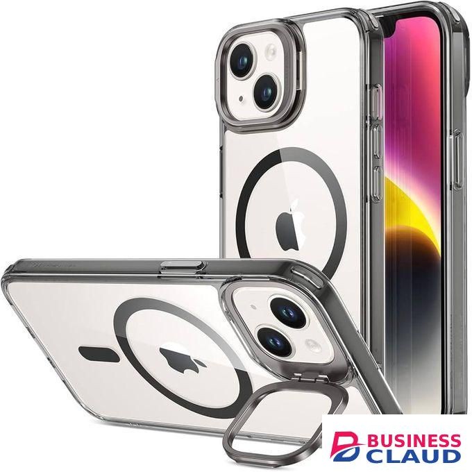 Premium Magnetic Case with Camera Lens Protection, Kickstand, and MagSafe Compatibility – Clear Acrylic & TPU Hybrid Cover for iPhone 15 – Stylish Elegant Grey Edition