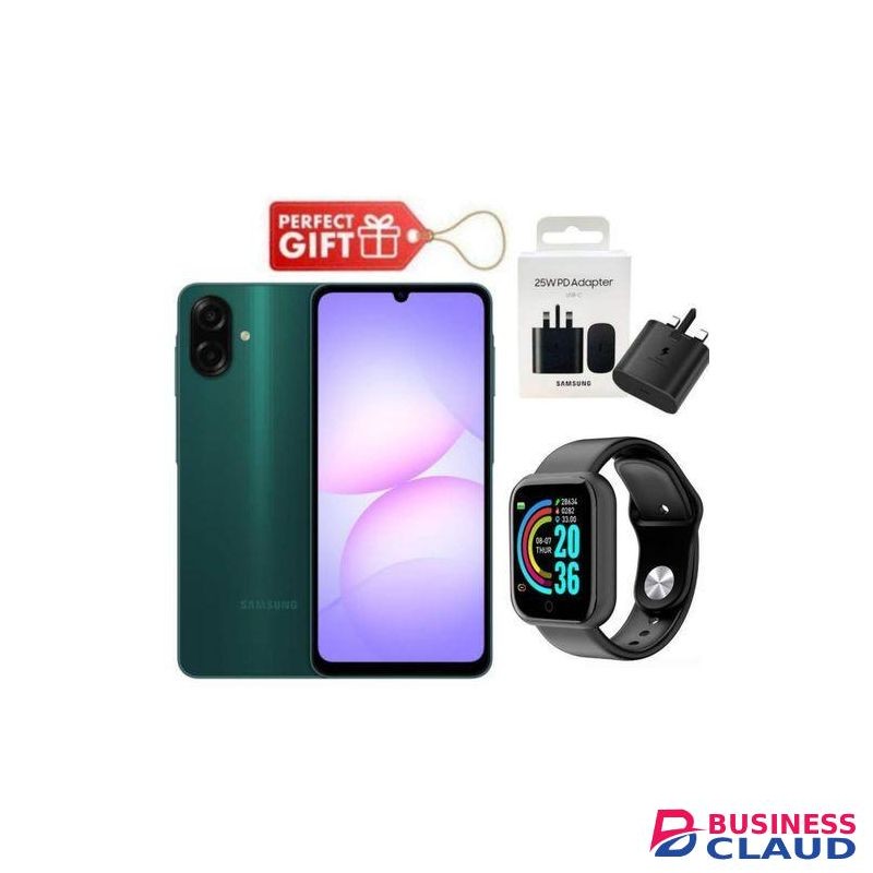 Samsung Galaxy A07, 6.7'' Display, 4GB RAM+ 64GB ROM (Dual) 50MP Camera, 5000mAh-2 yrs warranty , Dark Green + Travel Adapter & Smart Watch,,