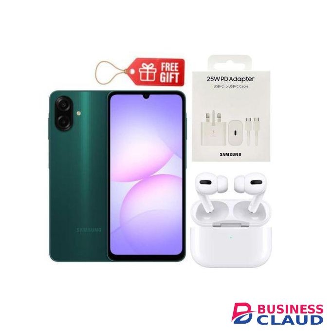 Samsung Galaxy A07, 6.7'' Display, 4GB RAM+ 64GB ROM (Dual) 50MP Camera, 5000mAh-2 yrs warranty , Dark Green + Travel Adapter & Airpods,,
