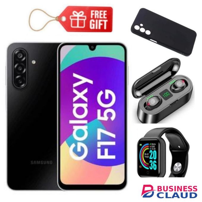 Samsung Galaxy F17 5G, 6.7", 128GB ROM + 4GB RAM (Dual SIM), 5000mAh, Black + Smart Watch , F9 Earbuds & Phone Cover