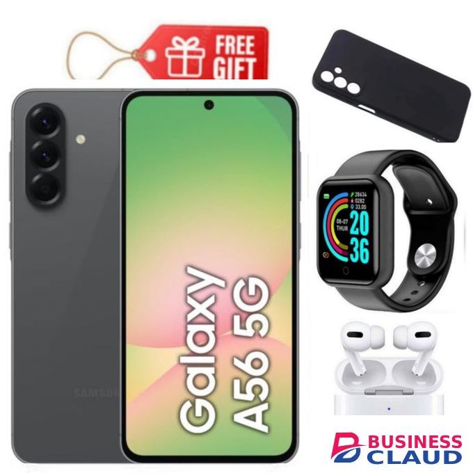 Samsung Galaxy A56 5G, 6.7", 128GB ROM + 8GB RAM (Dual SIM), 5000mAh, Awesome Graphite + Phone Cover, Smart Watch & Airpods