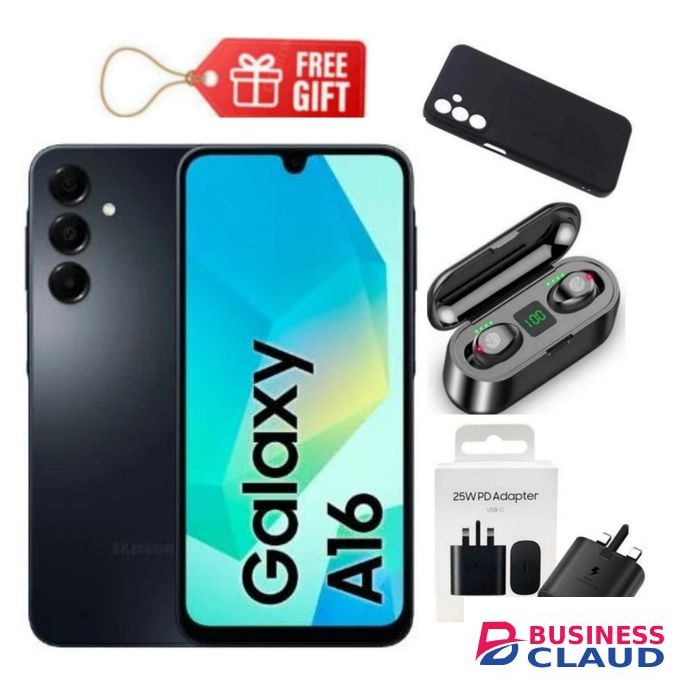 Samsung Galaxy A16, 6.7", 4GB RAM + 128GB (Dual SIM), 5000mAh, Black (2YRs WRTY) + F9 Earbuds , Charging Adapter & Phone Cover