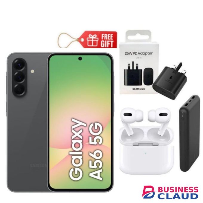 Samsung Galaxy A56 5G, 6.7", 128GB ROM + 8GB RAM (Dual SIM), 5000mAh, Awesome Graphite + Airpods , Travel Adapter & Power Bank